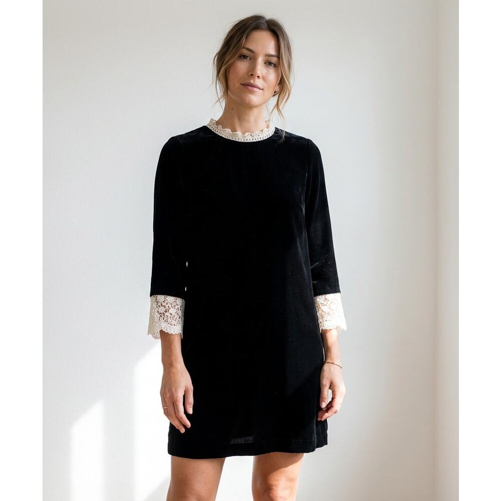 Vanessa Bruno Athe Black Velvet Lace Collar 3/4 Sleeve Mini Dress, size FR38/US6